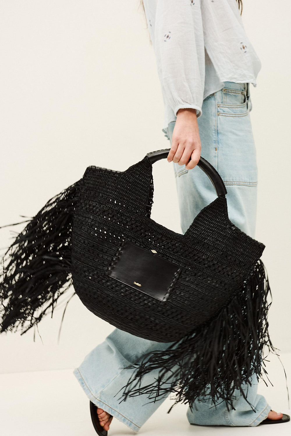 Fringed Raffia Straw Bag Ara Black