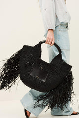 Fringed Raffia Straw Bag Ara Black